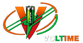 Voltime Energy Solutions Logo with LiFePO4 battery cell and tricolor typography